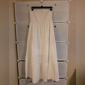White Strapless Shirred Top Maxi Dress with Lace Details